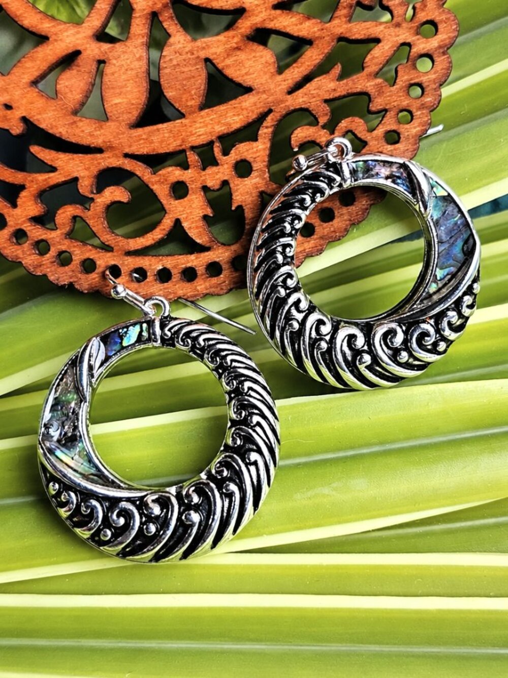 Silver Iridescent Abalone Shell Wave Scroll Hoop Earrings Coastal Statement NWT